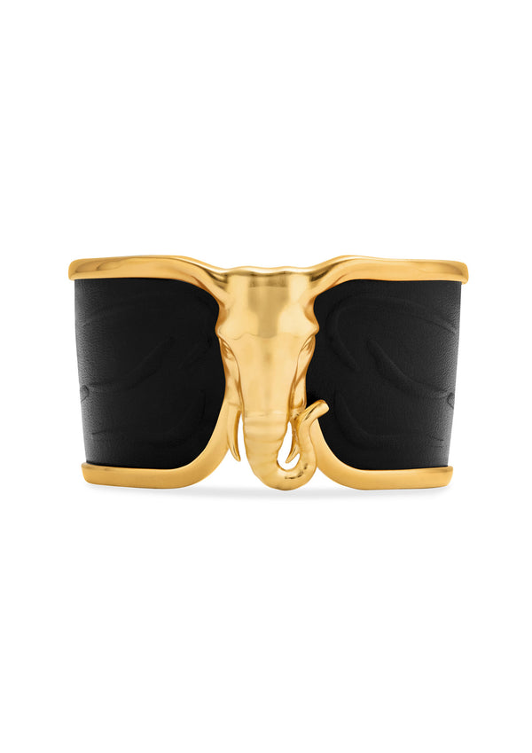 Elephant Black Leather & 18K Gold Bangle